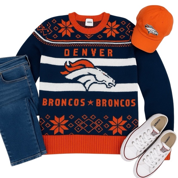 Junk Food Denver Broncos NFL Christmas Holiday Ugly Sweater Large Football Knit - Picture 1 of 9